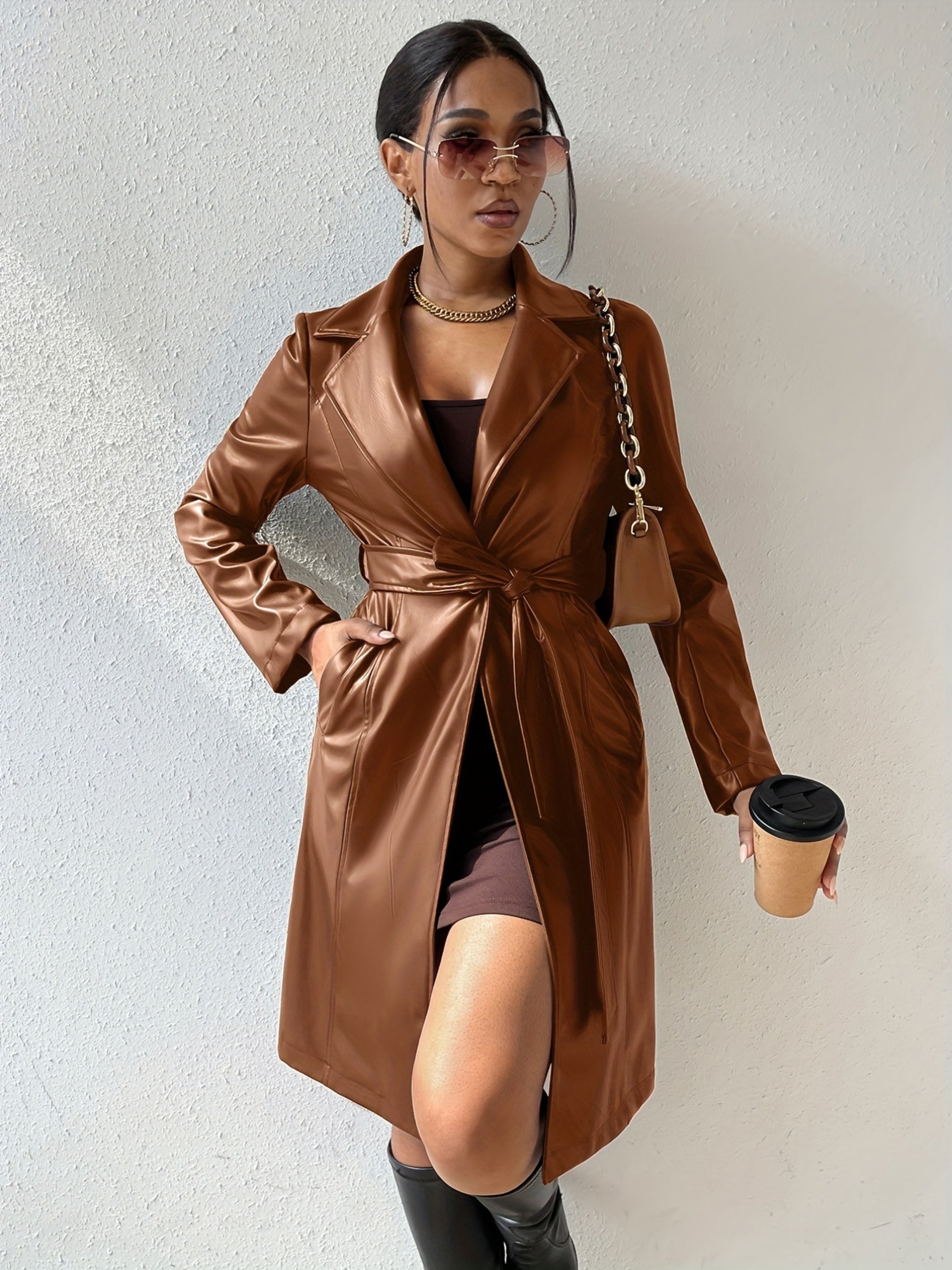 OONAYA Sleek PU Leather Trench Coat